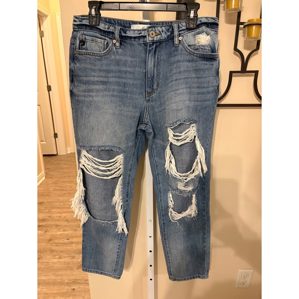 Kancan Womens Distressed High Rise Straight Leg Jeans Blue Denim 9/28 KC8571M